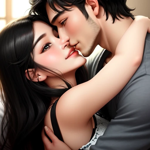 men and women, kiss scene on bed, sex, Happy expression on face, Hugging and staring at each other, Lovers
20-year-old boy and 18-year-old girl, Detailed face, Detailed eyes, double eyelid, cute, sunny, warm, smile, Handsome-cool-warm-boy with black hair and hot-seductive-sexy-cute-beautiful-girl with black hair and blushing face. Intimate vibes.