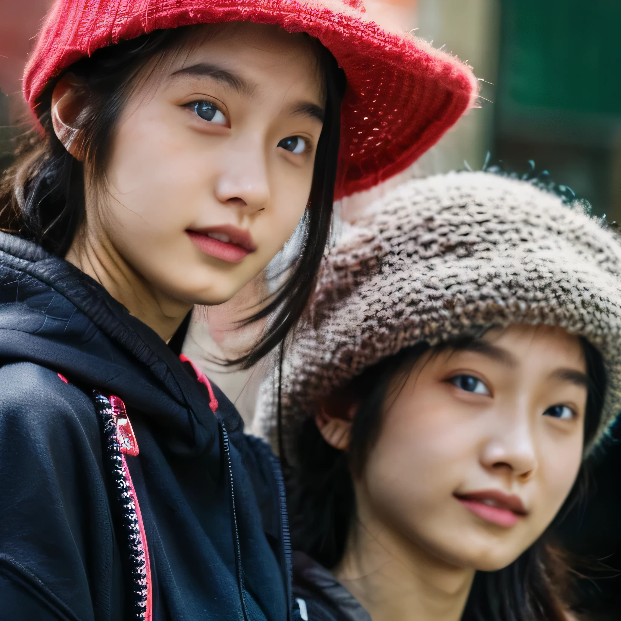 Identical twin sisters wearing black Apollo caps。The Bund in Shanghai is in the background。Shallow depth of field、Background is blurred。gathered in the middle。The girl on the left is、He is wearing a black hat and a black down jacket over a red hoodie.。, And with your left hand you are holding the piece close to your face.。The girl on the right is wearing a light brown hat., A black down jacket over an orange sweatshirt, And in his right hand he holds the piece.