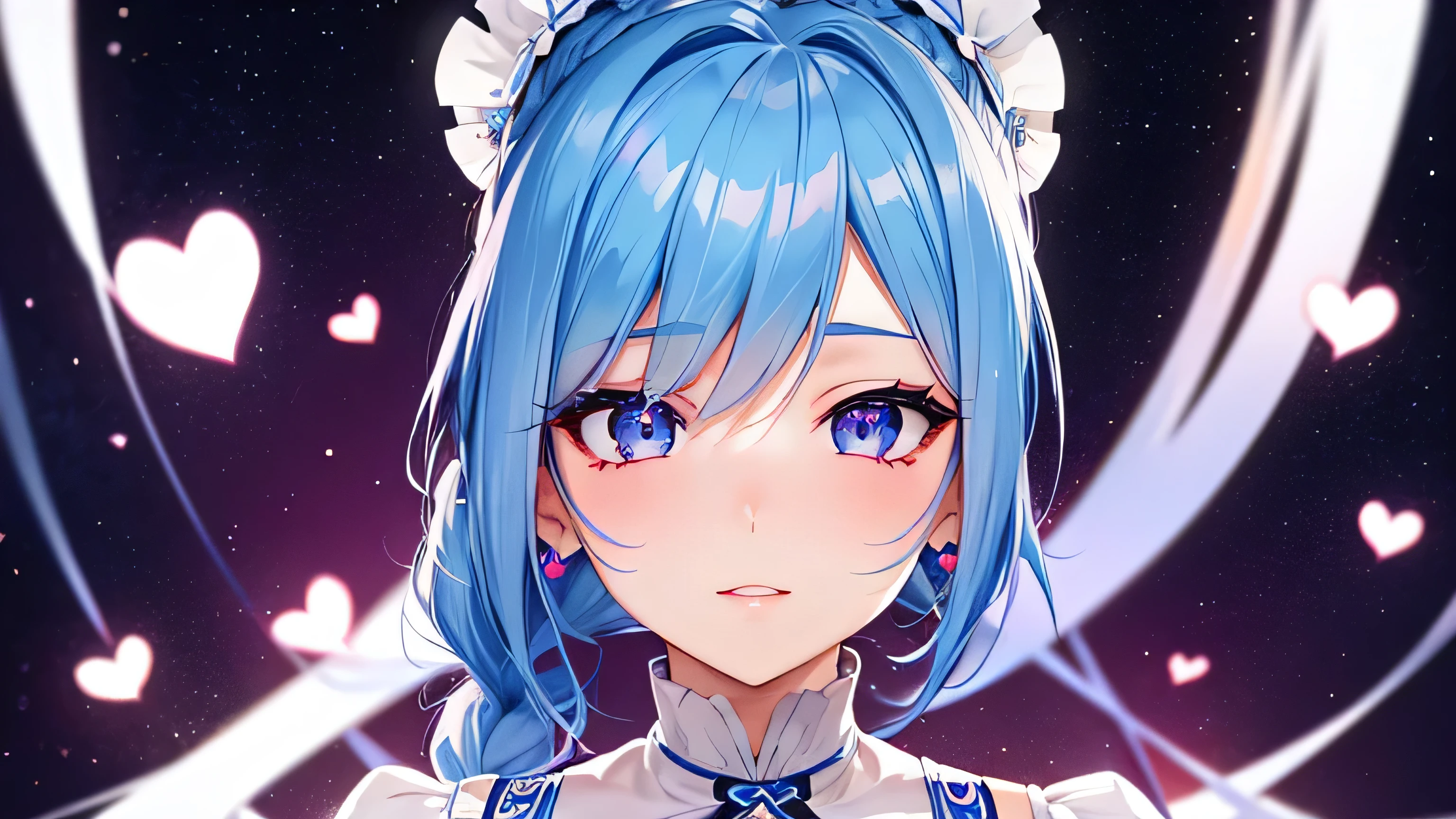 Blue hair, braided ponytail, magenta eyes, fair skin,1 girl,very detailed beautiful face and eyes,Ahegao,cute eyes,white dress,heart sign,looking up,high quality,