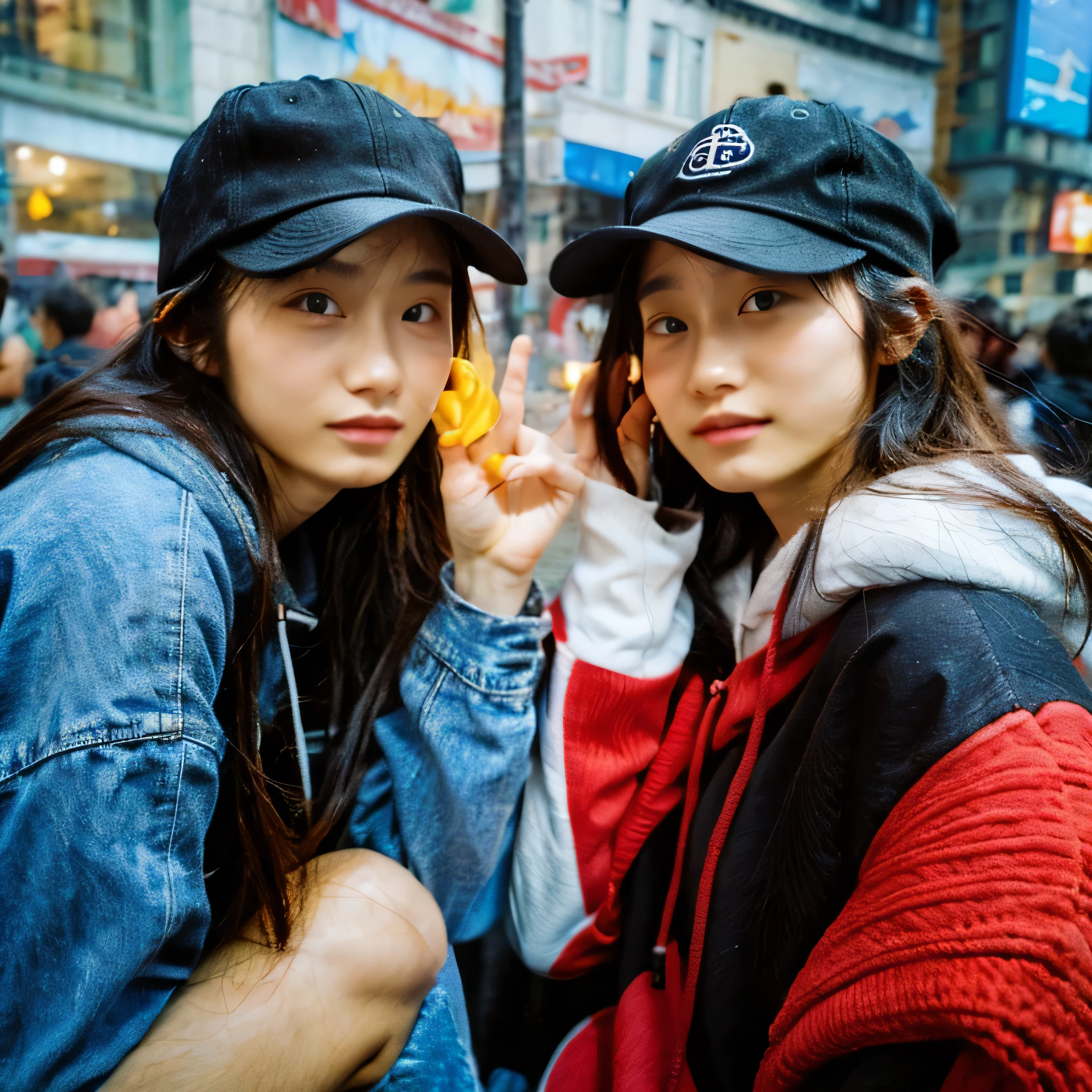 Identical twin sisters wearing black Apollo caps。The Bund in Shanghai is in the background。Shallow depth of field、Background is blurred。gathered in the middle。The girl on the left is、He is wearing a black hat and a black down jacket over a red hoodie.。, And with your left hand you are holding the piece close to your face.。The girl on the right is wearing a light brown hat., A black down jacket over an orange sweatshirt, And in his right hand he holds the piece.