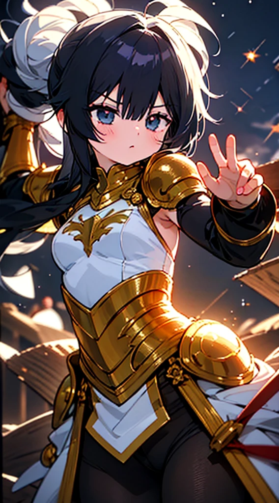 Ultra-high saturation，（tmasterpiece）， fully body photo，（best qualtiy）， （1girll）， starryskybackground，Wearing shiny gold armor， cool-pose， Saint Seiya Armor， messy hair，high detal, Anime style, Cinematic lighting, Sparkle, god light, Ray traching, filmgrain, hyper HD, textureskin, super detailing, Anatomical correct, A high resolution，Ultra-high saturation，hight contrast，High-gloss armor，Smooth skin，Serious expressions,Dark room,