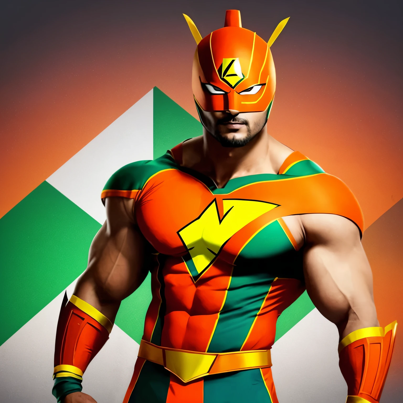Create an indian superhero with costume based on indian flag colours and indian flag logo on chest. The costume should have 60% orange, 30% white and 10% green. The costume should have armour and superhero should have  good looking 
Superhero is standing near Indian flag.