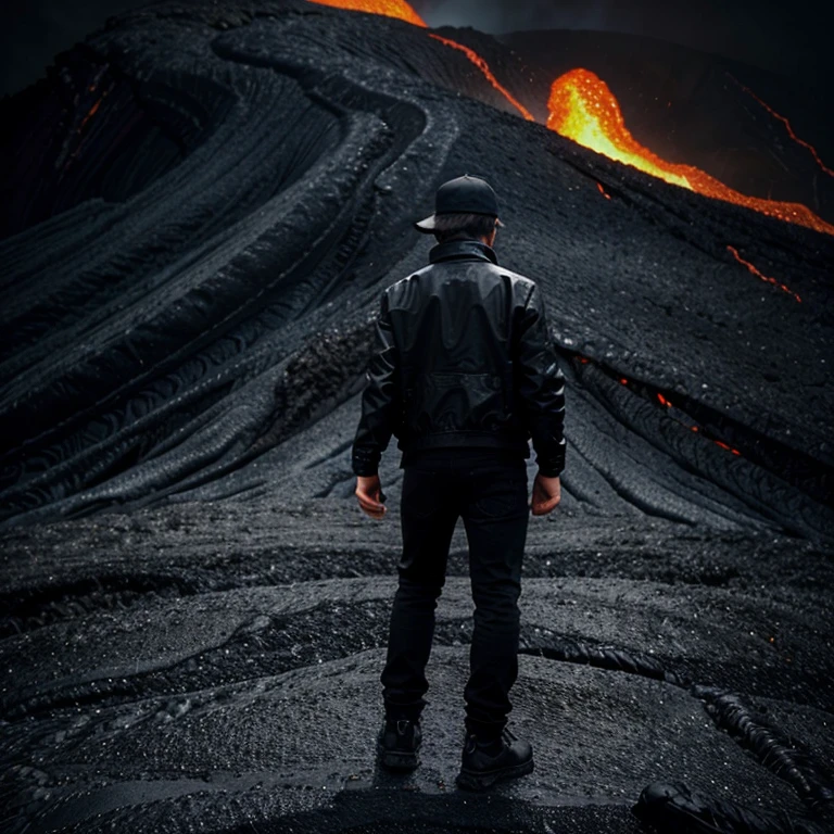 A man wearing black jacket black beggy jeans black watch black cap black mask and black shoes on a cracked lava mountain (the angle of image should be like the man is seeing thay lava coming out of the cracks of the mountain)