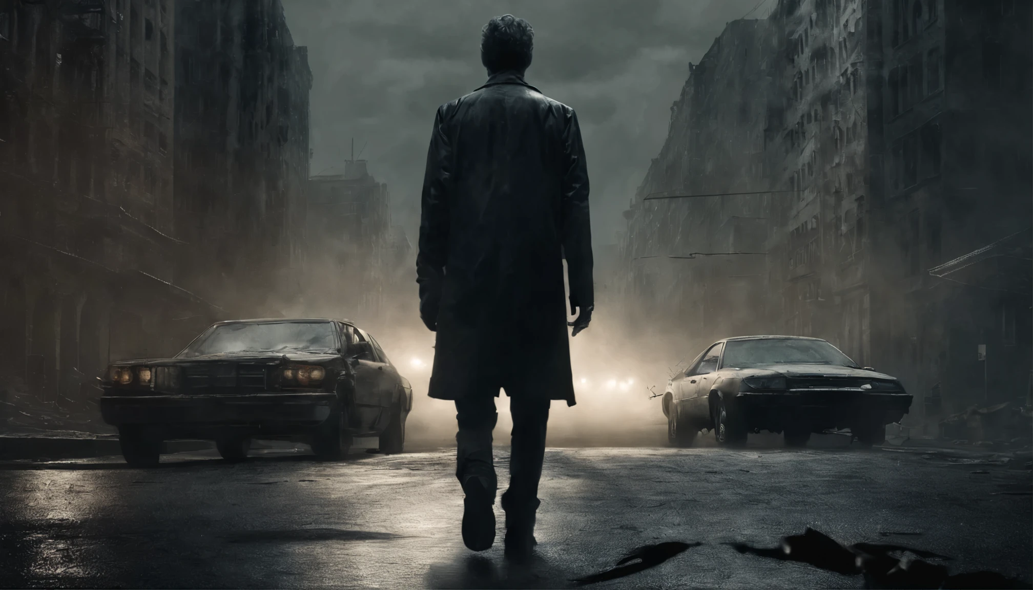 (melhor qualidade, Altas, artistic masterpiece, realista:1.2), atmosfera sombria e misteriosa, Young man walking on sidewalk with moving cars in a city, Strangely poetic, Psychological dissection, Conceptual exploration