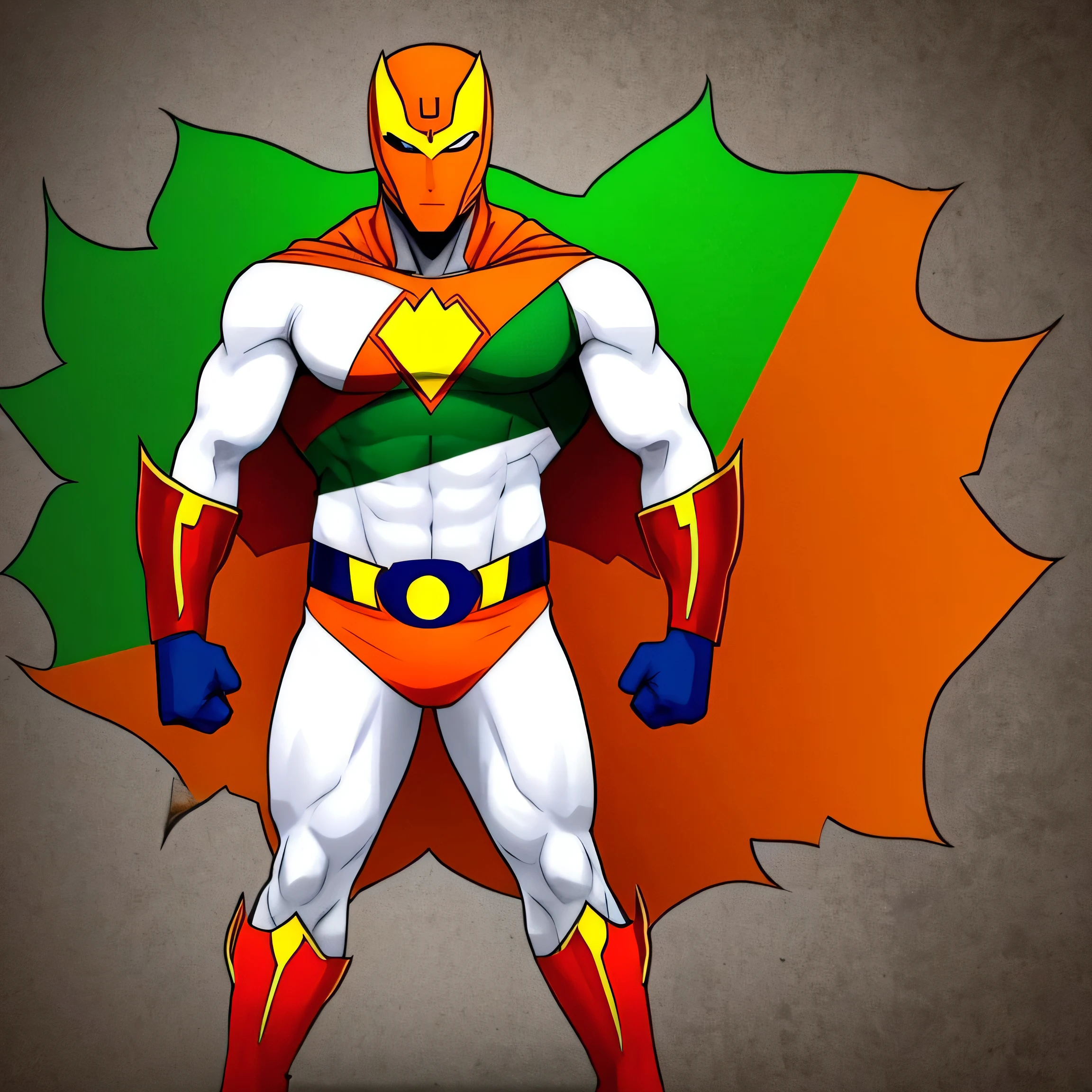 Create an indian superhero with costume based on indian flag colours and indian flag logo on chest. The costume should have 60% orange, 30% white and 10% green. The costume should have armour and superhero should have good looking
Superhero is standing near Indian flag.