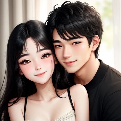  men and women, makinglove, Happy expression on face, Hugging and staring at each other, Lovers
20-year-old boy and 18-year-old girl, Detailed face, Detailed eyes, double eyelid, cute, sunny, warm, smile, Handsome-cool-warm-boy with black hair and hot-seductive-sexy-cute-beautiful-girl with black hair and blushing face. Intimate vibes.