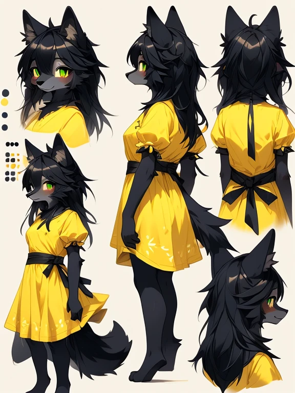 ( Absurdly , High quality , ultra detailed ) ,( hand detailed ) absurdres(highly detailed beautiful face and eyes)perfect anatomy, 1girl, solo, young (concept art, character sheet) (wolf fox) (10-year-old (female black wolf), (bright green eyes), ((black fur, extremely long black hair))) ((wolf girl yellow dress)) Fluffy anthropomorphic wolf fox, Fluffy wolf, wolf tail, Body fur, (detailed eyes) black wolf, yellow cute dress with ribbon, pure black fur, yellow dress, dark blue ribbon, short nose, short snout, cute face (concept art, character sheet) young girl kemono, knee length hair, adorable, cute shy posture, looking at viewer ((extremely detailed fur)) (extremely detailed eyes) calm (((concept art, character sheet, (multiple views)))) ((adventure clothing (cute dress))), bright green eyes, feet length hair, foot length hair, angelic