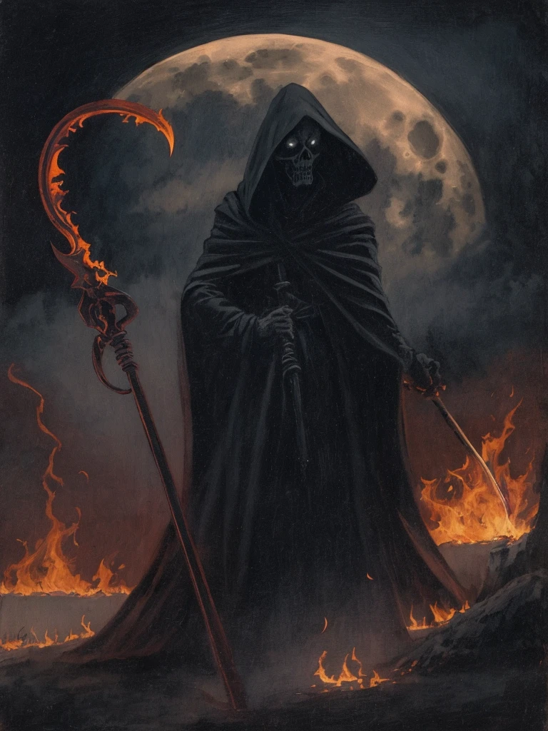 In the foreground: A dark grim reaper with a fire scythe.

In the background: A dark scene, spooky, terrifying, full moon half covered by a cloud