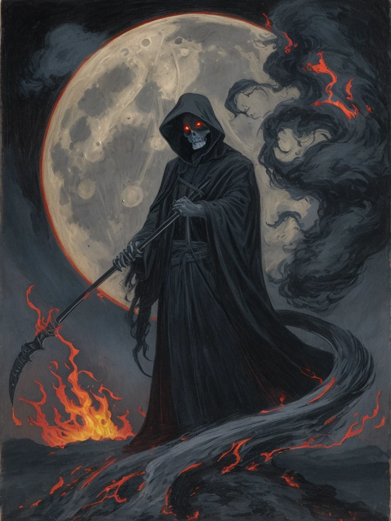 In the foreground: A dark grim reaper with a fire scythe.
In the background: A dark scene, spooky, terrifying, full moon half covered by a cloud