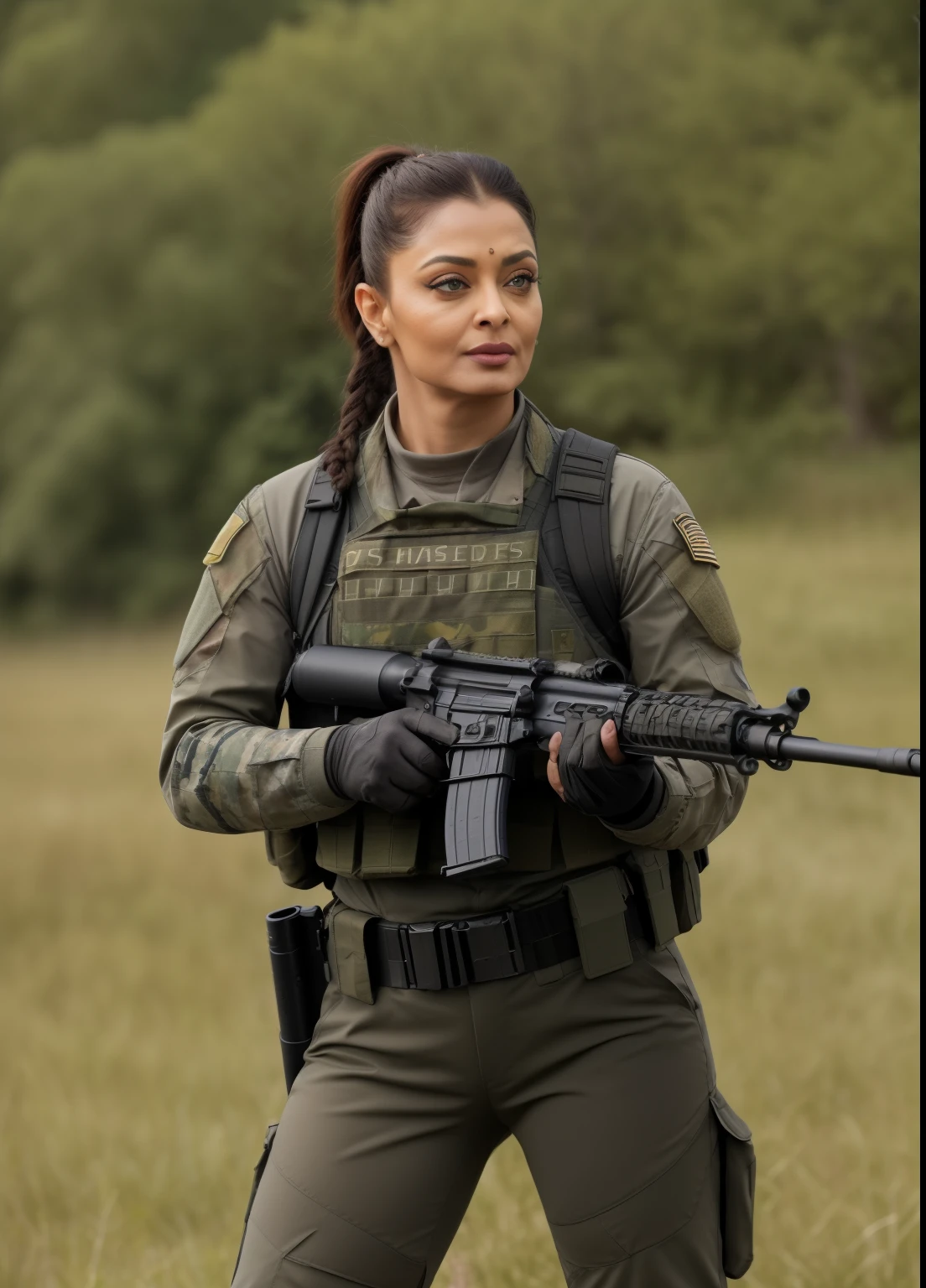 45yo MATURE MILF AISHWARYA RAI, with assault riffle in hands, (photorealistic), beautiful lighting, best quality, realistic, full body portrait, real picture, intricate details, depth of field, 45-years-old, in a lush green meadow, a wings, attractive solider girl with ((ponytail hair)), wearing dark black commando suit, combat gloves, (kneepads), highly-detailed, perfect face, hazel eyes, lips, wide hips, small waist, tall, make up, tacticool, Fujifilm XT3, outdoors, bright day, Beautiful lighting, RAW photo, 8k uhd, film grain, ((bokeh))