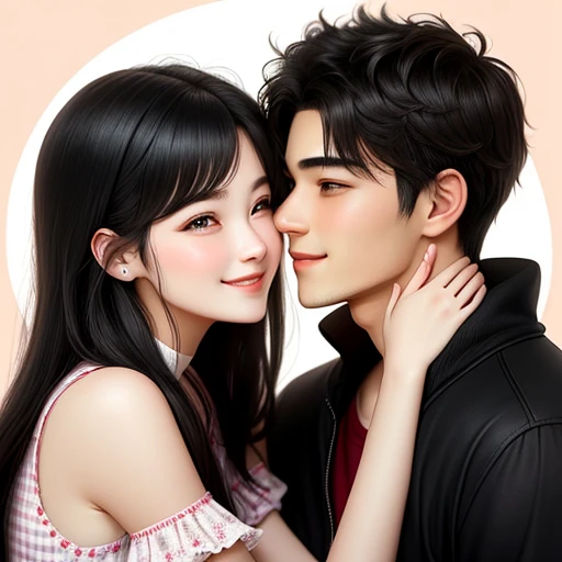  men and women, kiss, Happy expression on face, Hugging and staring at each other, Lovers
20-year-old boy and 18-year-old girl, Detailed face, Detailed eyes, double eyelid, cute, sunny, warm, smile, Handsome-cool-warm-boy with black hair and hot-seductive-sexy-cute-beautiful-girl with black hair and blushing face. Intimate vibes.