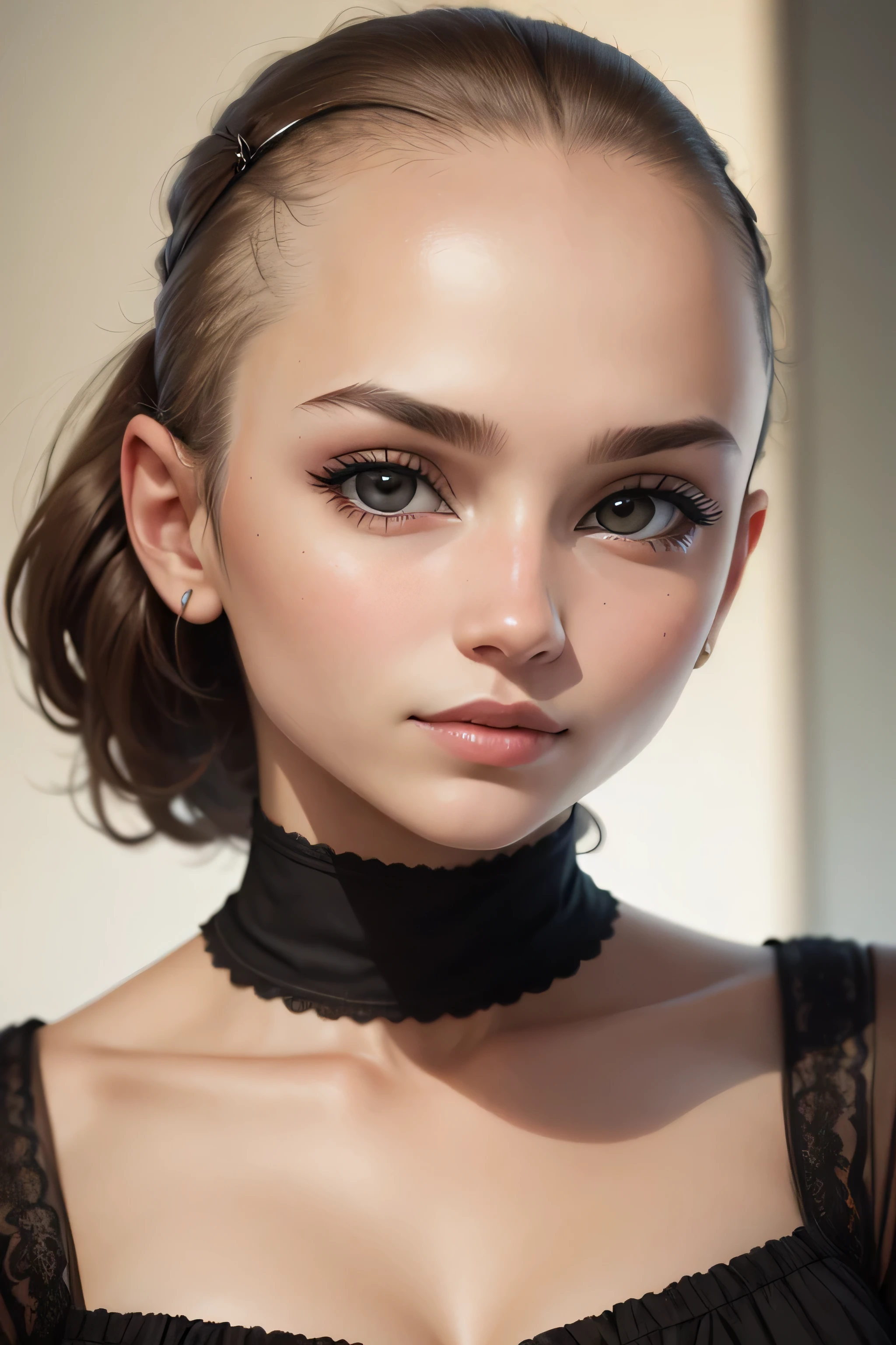 High quality, portrait, very beautiful girl, looks at the camera, face close up, bald, looks straight
