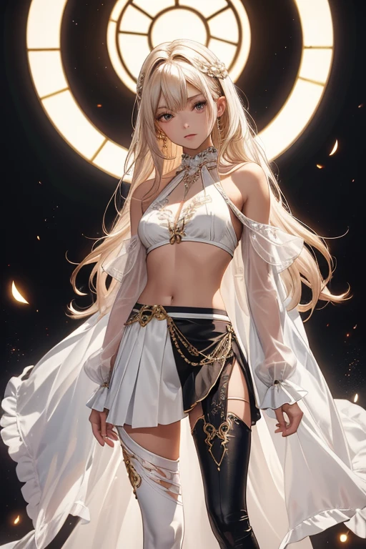 8K UHD, Digital SLR, Soft lighting, High quality, ((best quality)) ((best quality)), ((masterpiece)), (detailed), 4k image, anime style, full leggings under skirt, fair caramel brown skin, African looking facial features, sexy white halter neck crop shirt, long white frilly skirt, fair caramel brown skin, white-blonde hair, sharp facial features, small elegant nose, full thick lips, thin and slender body type, small narrow waist line, small curvy hips, long flowing pixie cut hair, European gothic style clothing, low-top boots, no skin showing