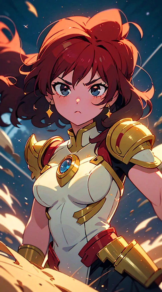 Ultra-high saturation，（tmasterpiece）， fully body photo，（best qualtiy）， （1girll）， starryskybackground，Wearing shiny gold armor， cool-pose， Saint Seiya Armor， messy hair，high detal, Anime style, Cinematic lighting, Sparkle, god light, Ray traching, filmgrain, hyper HD, textureskin, super detailing, Anatomical correct, A high resolution，Ultra-high saturation，hight contrast，High-gloss armor，Smooth skin，Serious expressions,Dark room,