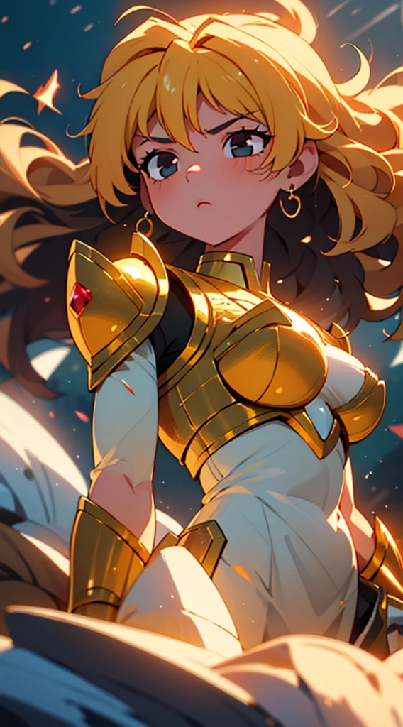 Ultra-high saturation，（tmasterpiece）， fully body photo，（best qualtiy）， （1girll）， starryskybackground，Wearing shiny gold armor， cool-pose， Saint Seiya Armor， messy hair，high detal, Anime style, Cinematic lighting, Sparkle, god light, Ray traching, filmgrain, hyper HD, textureskin, super detailing, Anatomical correct, A high resolution，Ultra-high saturation，hight contrast，High-gloss armor，Smooth skin，Serious expressions,Dark room,