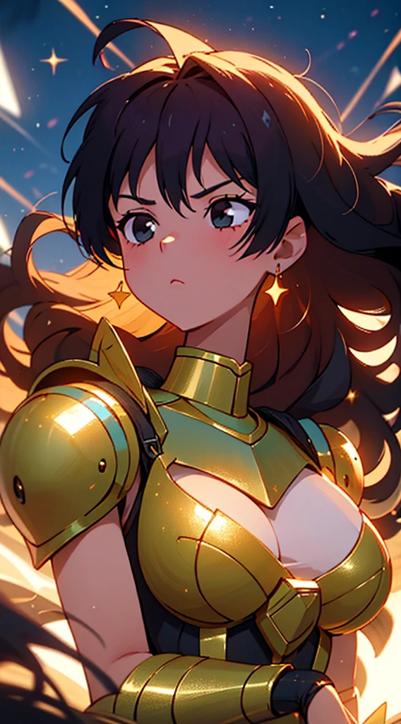 Ultra-high saturation，（tmasterpiece）， fully body photo，（best qualtiy）， （1girll）， starryskybackground，Wearing shiny gold armor， cool-pose， Saint Seiya Armor， messy hair，high detal, Anime style, Cinematic lighting, Sparkle, god light, Ray traching, filmgrain, hyper HD, textureskin, super detailing, Anatomical correct, A high resolution，Ultra-high saturation，hight contrast，High-gloss armor，Smooth skin，Serious expressions,Dark room,