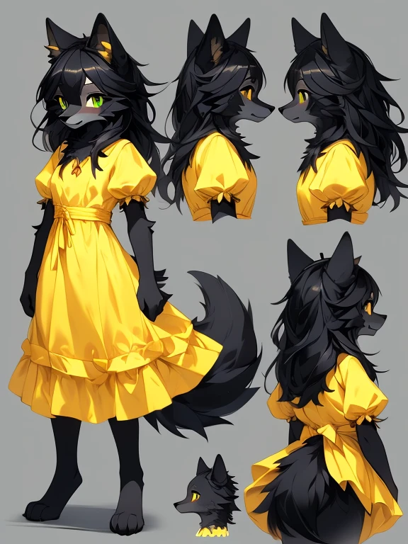 ( Absurdly , High quality , ultra detailed ) ,( hand detailed ) absurdres(highly detailed beautiful face and eyes)perfect anatomy, 1girl, solo, young (concept art, character sheet) (wolf fox) (10-year-old (female black wolf), (bright green eyes), ((black fur, extremely long black hair))) ((wolf girl yellow dress)) Fluffy anthropomorphic wolf fox, Fluffy wolf, wolf tail, Body fur, (detailed eyes) black wolf, yellow cute dress with ribbon, pure black fur, yellow dress, dark blue ribbon, short nose, short snout, cute face (concept art, character sheet) young girl kemono, knee length hair, adorable, cute shy posture, looking at viewer ((extremely detailed fur)) (extremely detailed eyes) calm (((concept art, character sheet, (multiple views)))) ((adventure clothing (cute dress))), bright green eyes, hair goes down to feet, extremely long hair, angelic