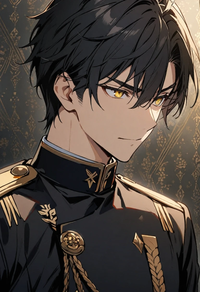 1 boy, black hair, yellow eyes, black uniform, handsome, wearing uniform, calm face, high quality, wallpaper
