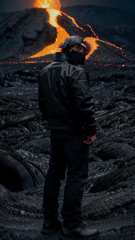 A man wearing black jacket black beggy jeans black watch black cap black mask and black shoes on a cracked lava mountain (the angle of image should be like the man is seeing thay lava coming out of the cracks of the mountain)