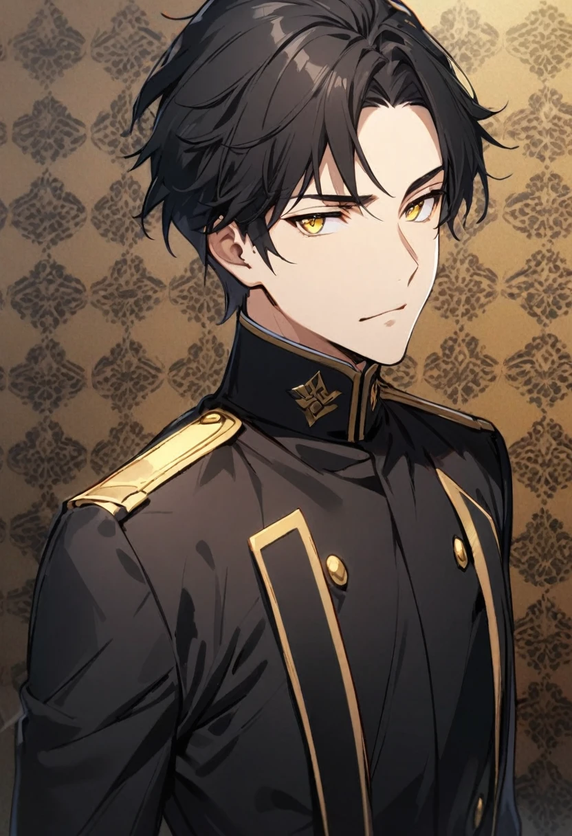 1 boy, black hair, yellow eyes, black uniform, handsome, wearing uniform, calm face, high quality, wallpaper