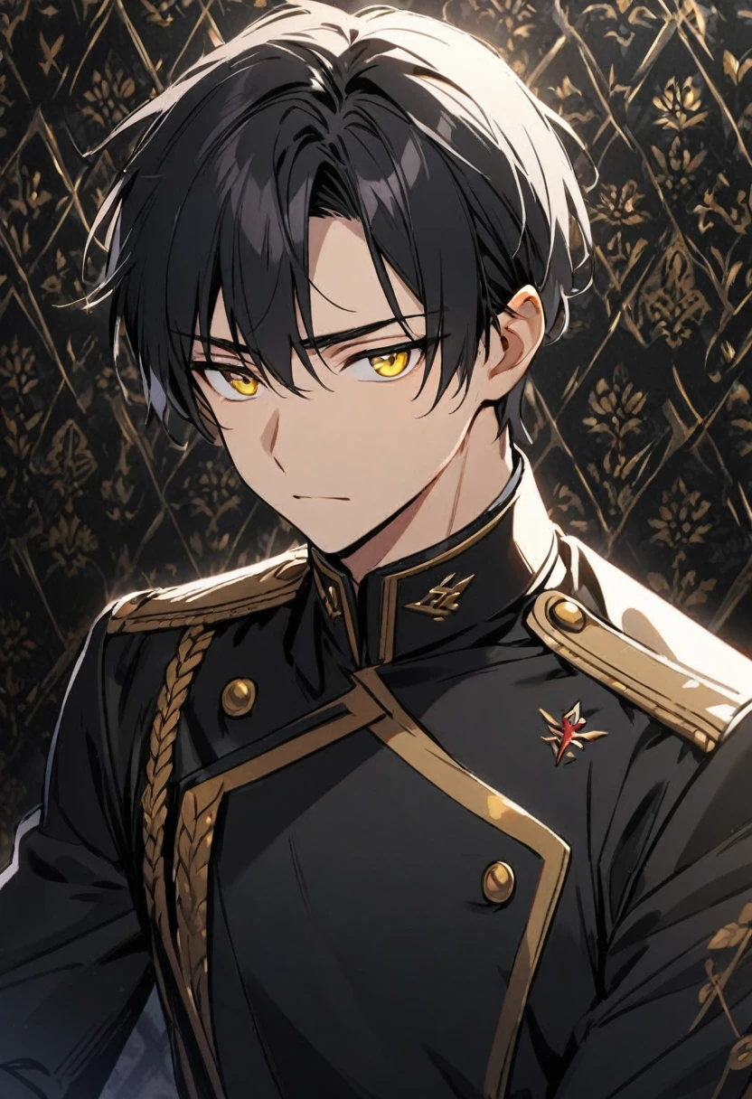 1 boy, black hair, yellow eyes, black uniform, handsome, wearing uniform, calm face, high quality, wallpaper