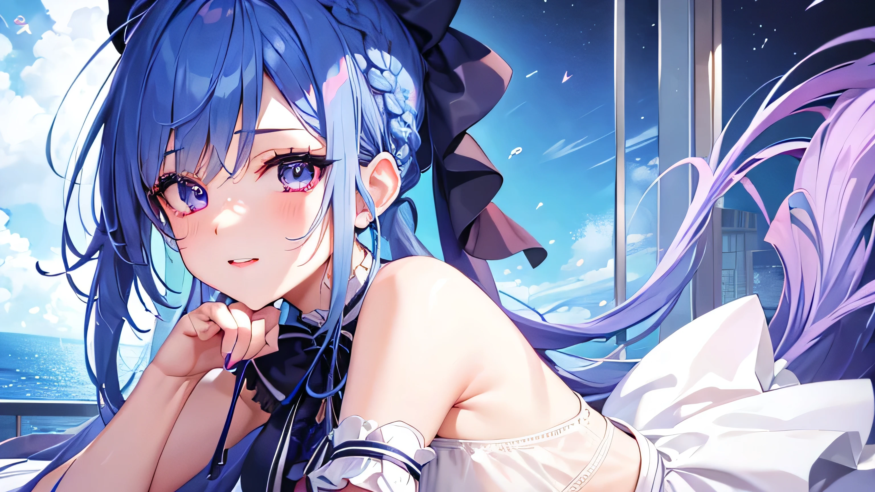 Blue hair, braided ponytail, magenta eyes, fair skin,1 girl,very detailed beautiful face and eyes,Ahegao,cute eyes,white dress,heart sign,looking up,high quality,
