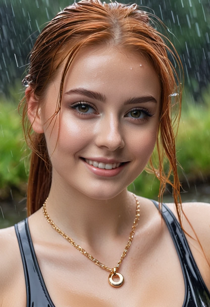 hyperrealistic beautiful busty 18-year-old women wearing vinyl fullbody swimsuit, model shooting full body photography, soaky wet skin, view from behind, natural redhead short straight ponytail, dark eye makeup with eyeliner, seductive smile, small necklace, 8K, Best quality, Meisterwerk, ultra high resolution, (Realismus: 1.4), Originalfoto, (realistische Hautstruktur: 1.3), (Filmkorn: 1.3), (Selfie-Winkel), 1 girl, Beautiful round hazel eyes and facial details, Meisterwerk, Best quality, posing outside in the rain
