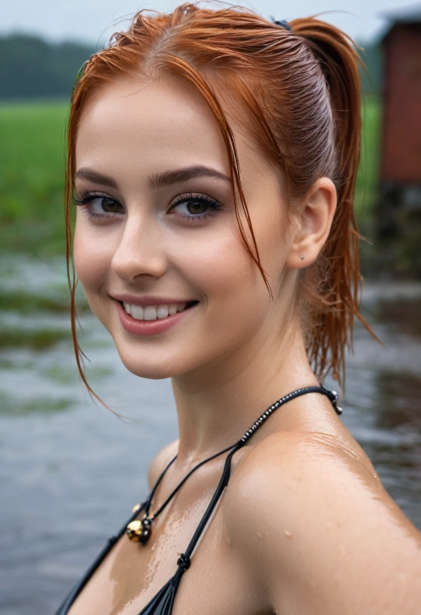 hyperrealistic beautiful busty 18-year-old women wearing vinyl onepiece swimsuit, model shooting full body photography, soaky wet skin, view from behind, natural redhead short straight ponytail, dark eye makeup with eyeliner, seductive smile, small necklace, 8K, Best quality, Meisterwerk, ultra high resolution, (Realismus: 1.4), Originalfoto, (realistische Hautstruktur: 1.3), (Filmkorn: 1.3), (Selfie-Winkel), 1 girl, Beautiful round hazel eyes and facial details, Meisterwerk, Best quality, posing outside in the rain, nsfw