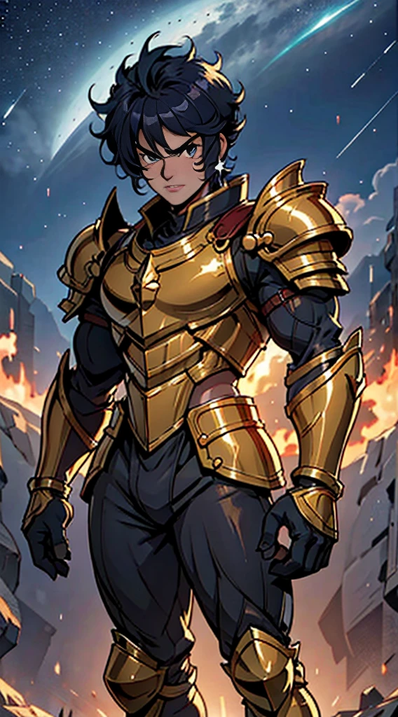 Ultra-high saturation，（tmasterpiece）， fully body photo，（best qualtiy）， （1girll）， starryskybackground，Wearing shiny gold armor， cool-pose， Saint Seiya Armor， messy hair，high detal, Anime style, Cinematic lighting, Sparkle, god light, Ray traching, filmgrain, hyper HD, textureskin, super detailing, Anatomical correct, A high resolution，Ultra-high saturation，hight contrast，High-gloss armor，Smooth skin，Serious expressions,Dark room,