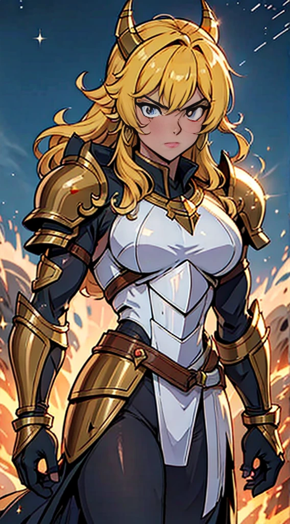 Ultra-high saturation，（tmasterpiece）， fully body photo，（best qualtiy）， （1girll）， starryskybackground，Wearing shiny gold armor， cool-pose， Saint Seiya Armor， messy hair，high detal, Anime style, Cinematic lighting, Sparkle, god light, Ray traching, filmgrain, hyper HD, textureskin, super detailing, Anatomical correct, A high resolution，Ultra-high saturation，hight contrast，High-gloss armor，Smooth skin，Serious expressions,Dark room,