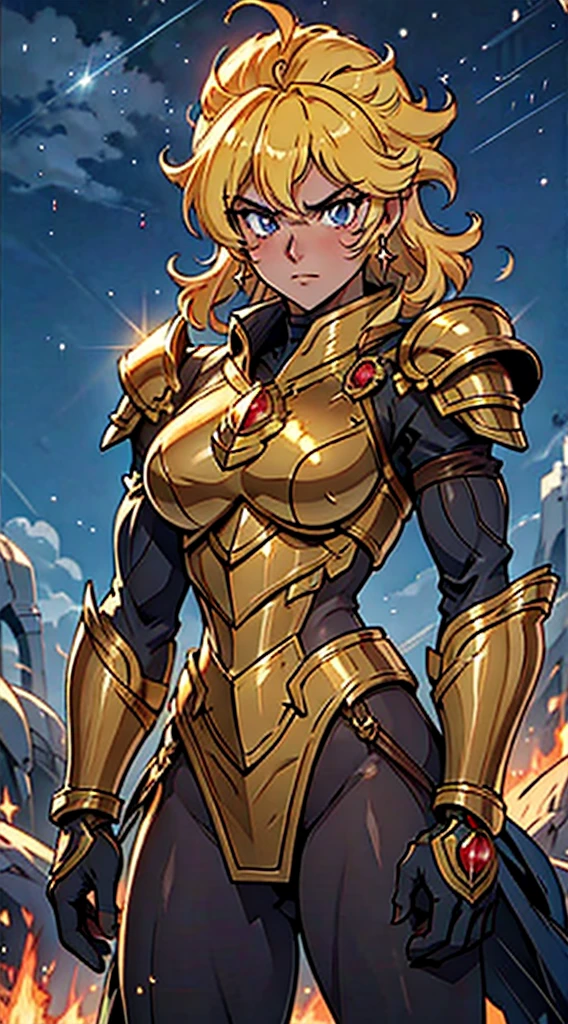 Ultra-high saturation，（tmasterpiece）， fully body photo，（best qualtiy）， （1girll）， starryskybackground，Wearing shiny gold armor， cool-pose， Saint Seiya Armor， messy hair，high detal, Anime style, Cinematic lighting, Sparkle, god light, Ray traching, filmgrain, hyper HD, textureskin, super detailing, Anatomical correct, A high resolution，Ultra-high saturation，hight contrast，High-gloss armor，Smooth skin，Serious expressions,Dark room,