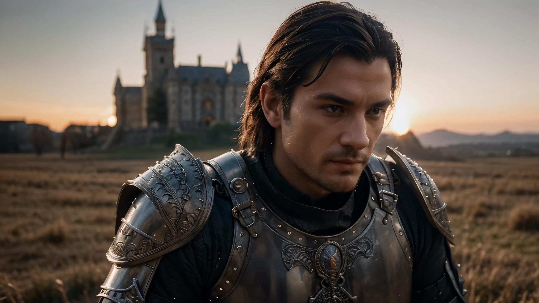 (masterpiece), (extremely intricate:1.3), (realistic), portrait of a man, the most charismatic ans handsome in the world, (medieval armor), dark metal reflections, upper body, outdoors, intense sunlight, far away castle, professional photograph of a stunning man detailed, sharp focus, dramatic, award winning, cinematic lighting, volumetrics dtx, (film grain, blurry background, blurry foreground, bokeh, depth of field, sunset,interaction, Perfectchainmail