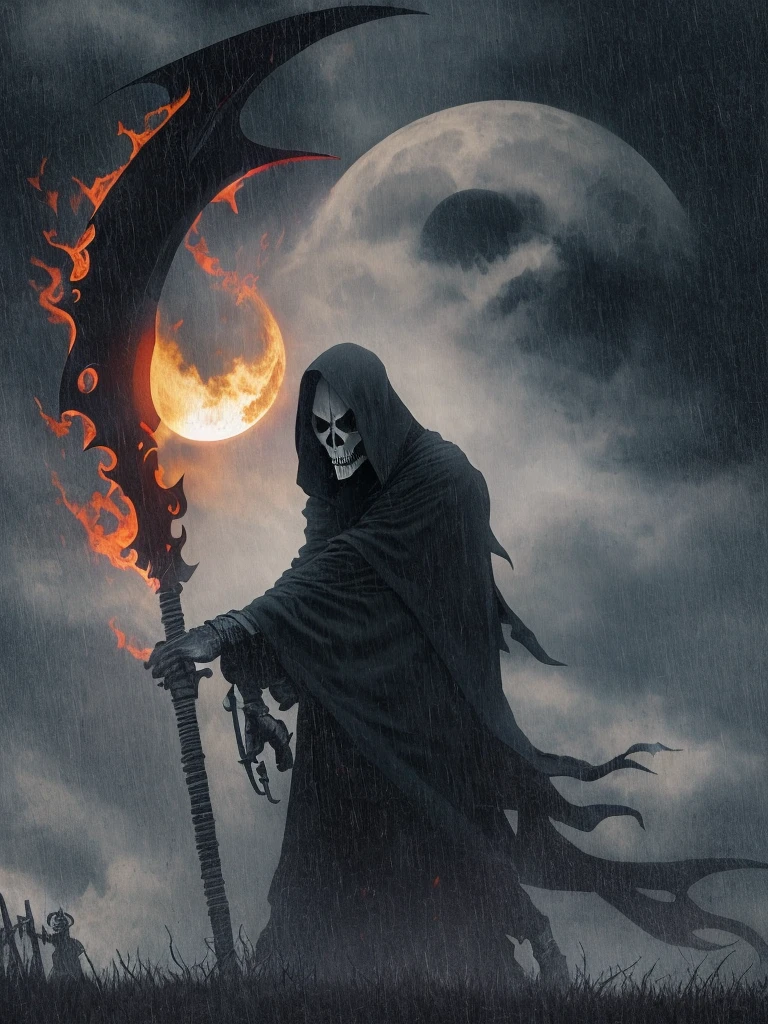 In the foreground: A dark grim reaper with a fire scythe. In the background: A dark scene, spooky, terrifying, full moon half covered by a cloud