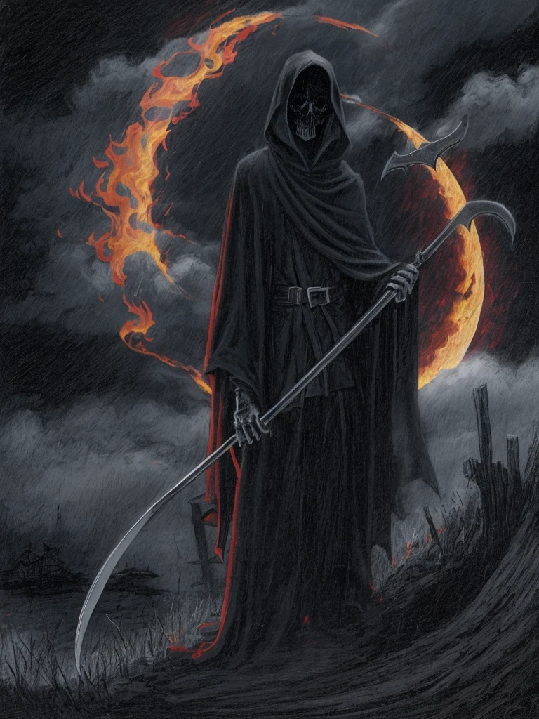 In the foreground: A dark grim reaper with a fire scythe. In the background: A dark scene, spooky, terrifying, full moon half covered by a cloud