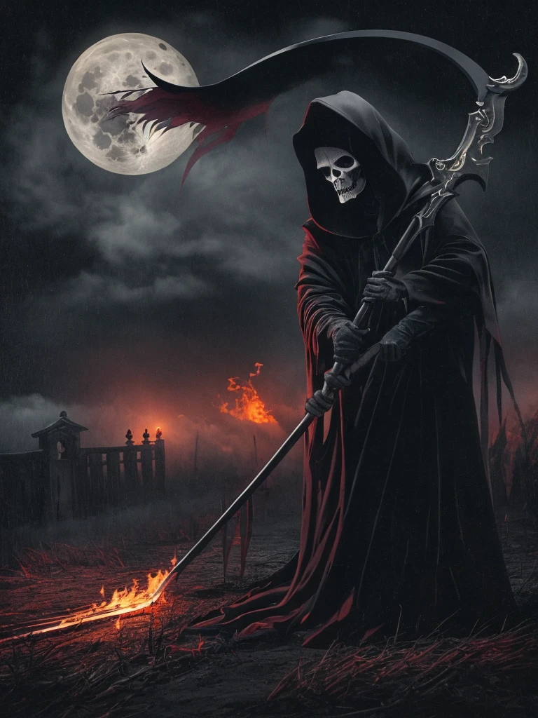 In the foreground: A dark grim reaper with a fire scythe. In the background: A dark scene, spooky, terrifying, full moon half covered by a cloud