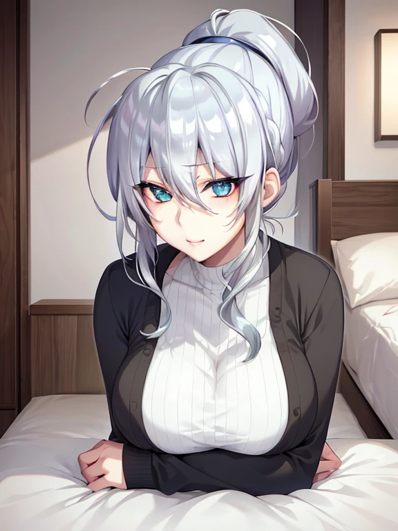 Best quality, 8k, in bed, silver hair, black shirt and no bra, anime visual of a cute girl, cute expressive face, still from anime, hard , lustfuce