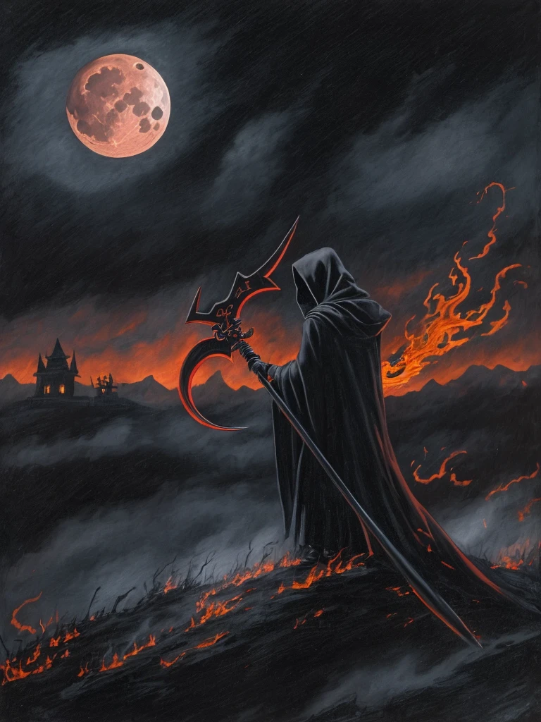 In the foreground: A dark grim reaper with a fire scythe. In the background: A dark scene, spooky, terrifying, full moon half covered by a cloud