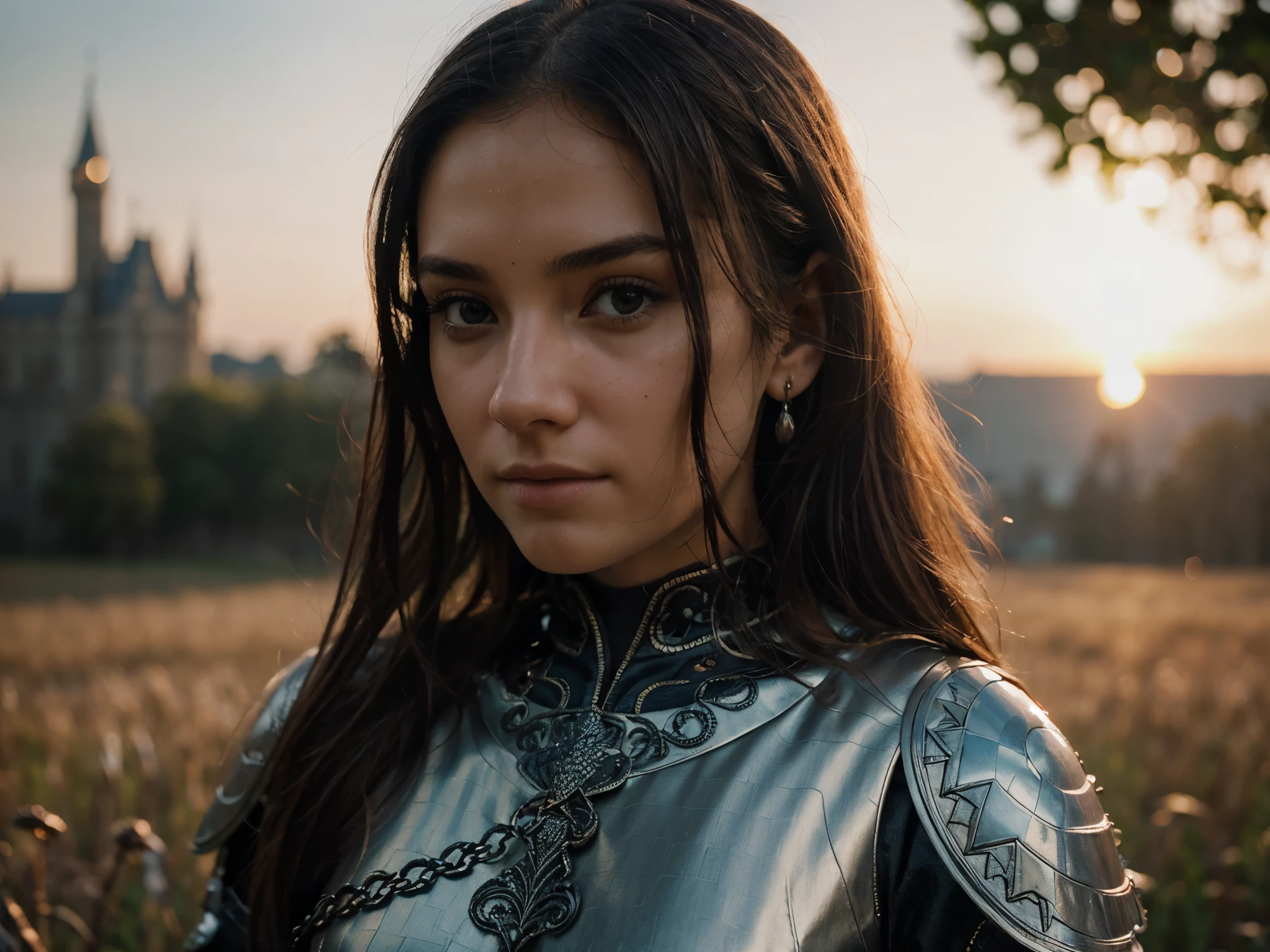 (masterpiece), (extremely intricate:1.3), (realistic), portrait of a girl, the most beautiful in the world, (medieval armor), metal reflections, upper body, outdoors, intense sunlight, far away castle, professional photograph of a stunning woman detailed, sharp focus, dramatic, award winning, cinematic lighting, , volumetrics dtx, (film grain, blurry background, blurry foreground, bokeh, depth of field, sunset,interaction, Perfectchainmail