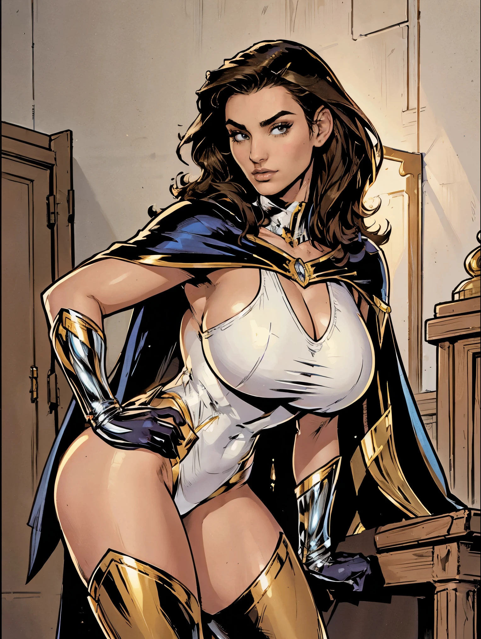 Gorgeous and sultry busty athletic (thin) brunette with sharp facial features and a (large nose) and (huge boobs) wearing a white and gold superhero leotard, cape, gloves, thigh-high boots