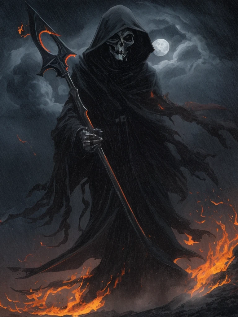 In the foreground: A dark grim reaper with a fire scythe. In the background: A dark scene, spooky, terrifying, full moon half covered by a cloud