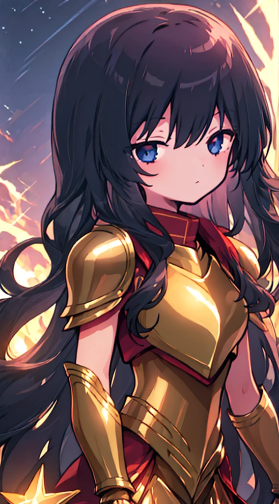 Ultra-high saturation，（tmasterpiece）， fully body photo，（best qualtiy）， （1girll）， starryskybackground，Wearing shiny gold armor， cool-pose， Saint Seiya Armor， messy hair，high detal, Anime style, Cinematic lighting, Sparkle, god light, Ray traching, filmgrain, hyper HD, textureskin, super detailing, Anatomical correct, A high resolution，Ultra-high saturation，hight contrast，High-gloss armor，Smooth skin，Serious expressions,Dark room,