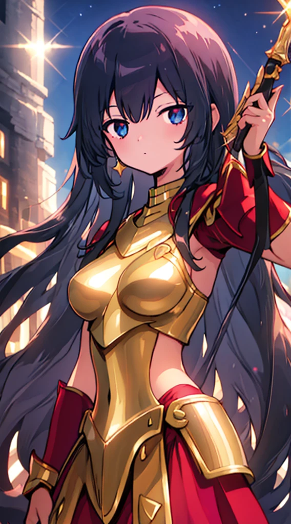 Ultra-high saturation，（tmasterpiece）， fully body photo，（best qualtiy）， （1girll）， starryskybackground，Wearing shiny gold armor， cool-pose， Saint Seiya Armor， messy hair，high detal, Anime style, Cinematic lighting, Sparkle, god light, Ray traching, filmgrain, hyper HD, textureskin, super detailing, Anatomical correct, A high resolution，Ultra-high saturation，hight contrast，High-gloss armor，Smooth skin，Serious expressions,Dark room,