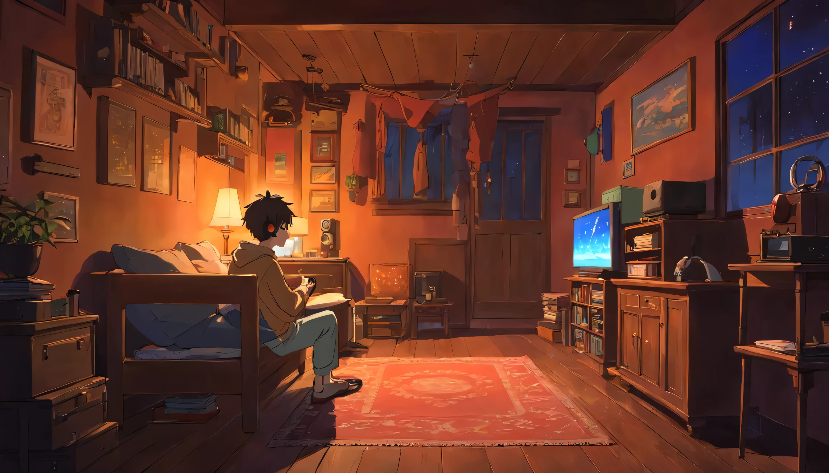 night、Boy listening to music in a cozy room, Use headphones, 2D Style Anime, Lo-Fi, hard disk, Dark Environment