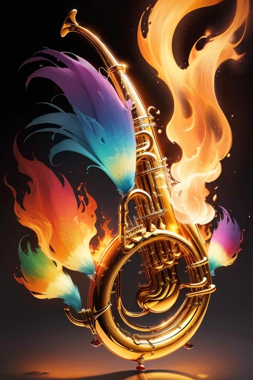 Un instrument trompette entourée de flamme fleuries multicolores