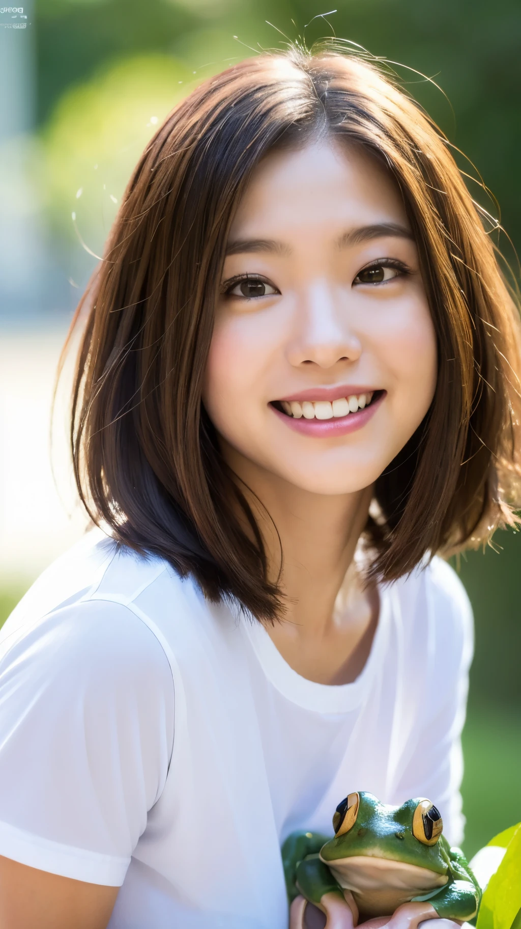 (8k, RAW Photos, Best Quality, High Resolution: 1.1), (Ultra Realistic: 1.4), (Realistic, Photorealistic: 1.3), Soft Light, Big, Girl, Realistic Face, Realistic Body, Realistic Skin, Absurdity, Masterpiece, (Cute: 1.8), Cuties, Solo, (Big: 1.2), Detailed Black Eyes, Innocent Eyes, Cheek, (T-Shirt: 1.2), Cinema Light, Film Grain, ((Short Bob Hair: 1.1)), (((Floating Hair Nova Frog Style)), Cherry Colored Lips, Close-up, Look Viewer, Upper Body, Open Lips, Upper Teeth, (Smiling Eyes: 0.6), ((grinning: 1.2)), Depth of Field, Blurred Background, Eye Focus, Bokeh, Young, Young, 85mm Lens, f/1.4, Professional Lighting, Young, Portrait, photon mapping, radiosity, physically based rendering