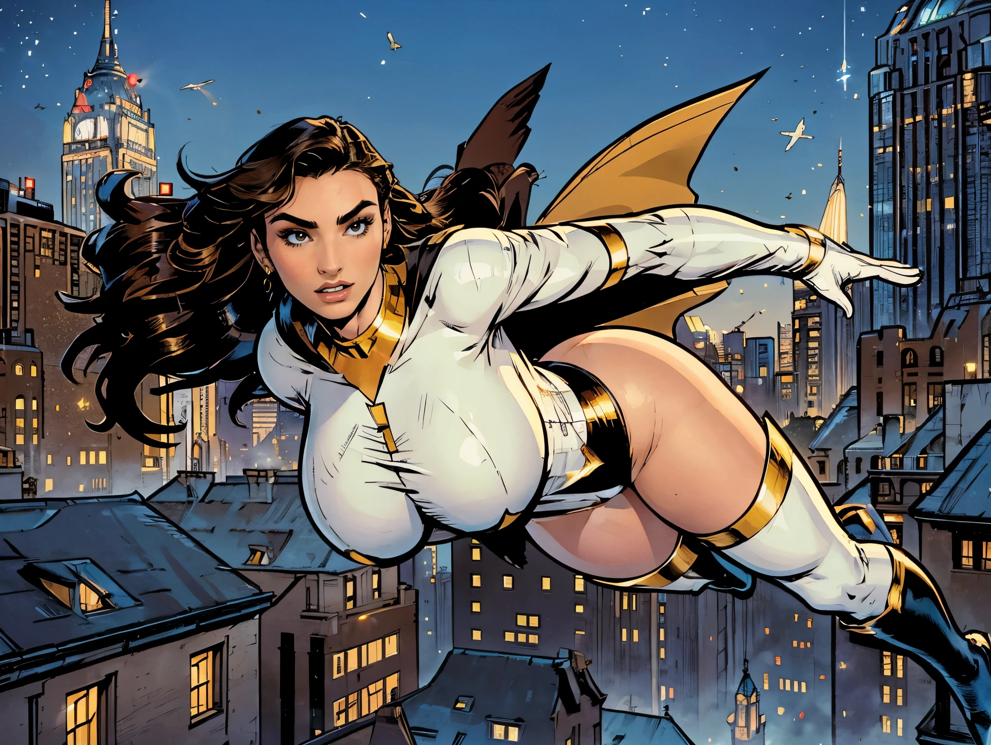 Gorgeous and sultry busty athletic (thin) brunette with sharp facial features and a (large nose) and (huge boobs) wearing a white and gold superhero leotard, cape, gloves, thigh-high boots. (((Flying))), city skyline.