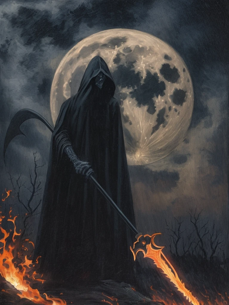 In the foreground: A dark grim reaper with a fire scythe. In the background: A dark scene, spooky, terrifying, full moon half covered by a cloud