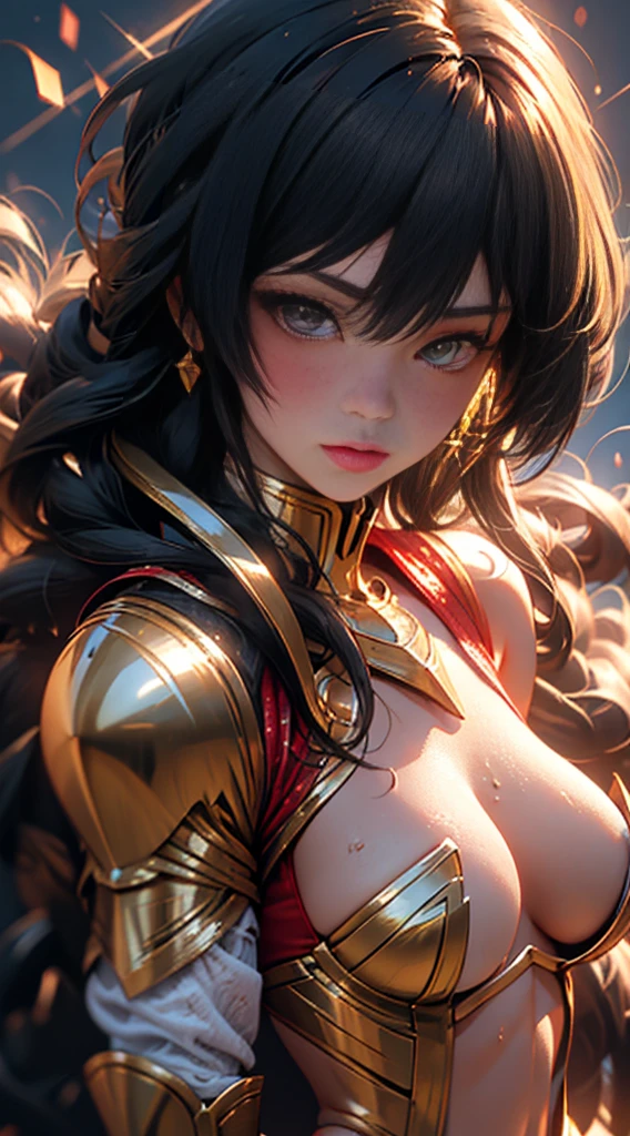 Ultra-high saturation，（tmasterpiece）， fully body photo，（best qualtiy）， （1girll）， starryskybackground，Wearing shiny gold armor， cool-pose， Saint Seiya Armor， messy hair，high detal, Anime style, Cinematic lighting, Sparkle, god light, Ray traching, filmgrain, hyper HD, textureskin, super detailing, Anatomical correct, A high resolution，Ultra-high saturation，hight contrast，High-gloss armor，Smooth skin，Serious expressions,Dark room,