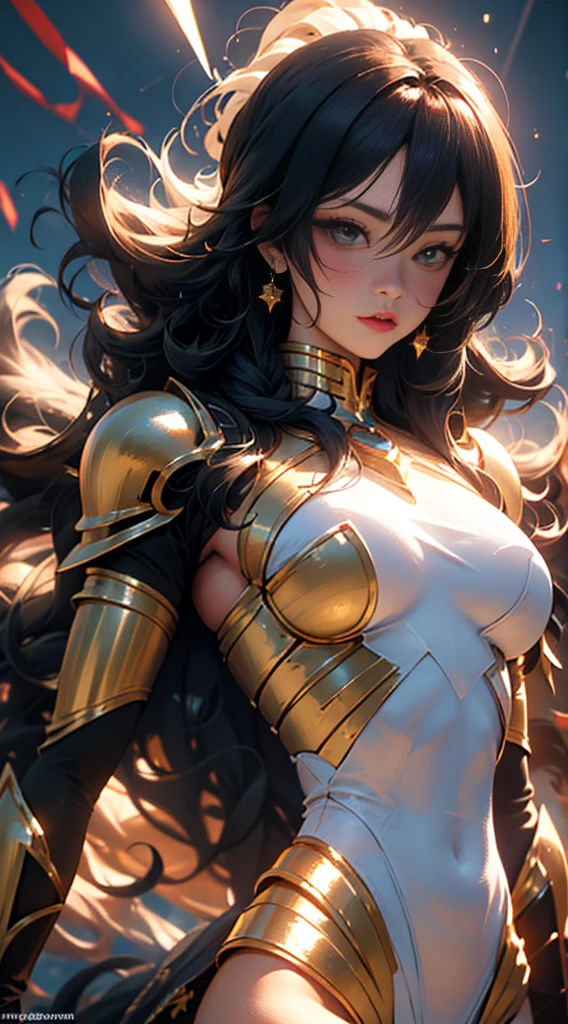 Ultra-high saturation,(tmasterpiece), fully body photo,(best qualtiy), (1girll), starryskybackground,Wearing shiny gold armor, cool-pose, Saint Seiya Armor, messy hair,high detal, Anime style, Cinematic lighting, Sparkle, god light, Ray traching, filmgrain, hyper HD, textureskin, super detailing, Anatomical correct, A high resolution,Ultra-high saturation,hight contrast,High-gloss armor,Smooth skin,Serious expressions,Dark room,
