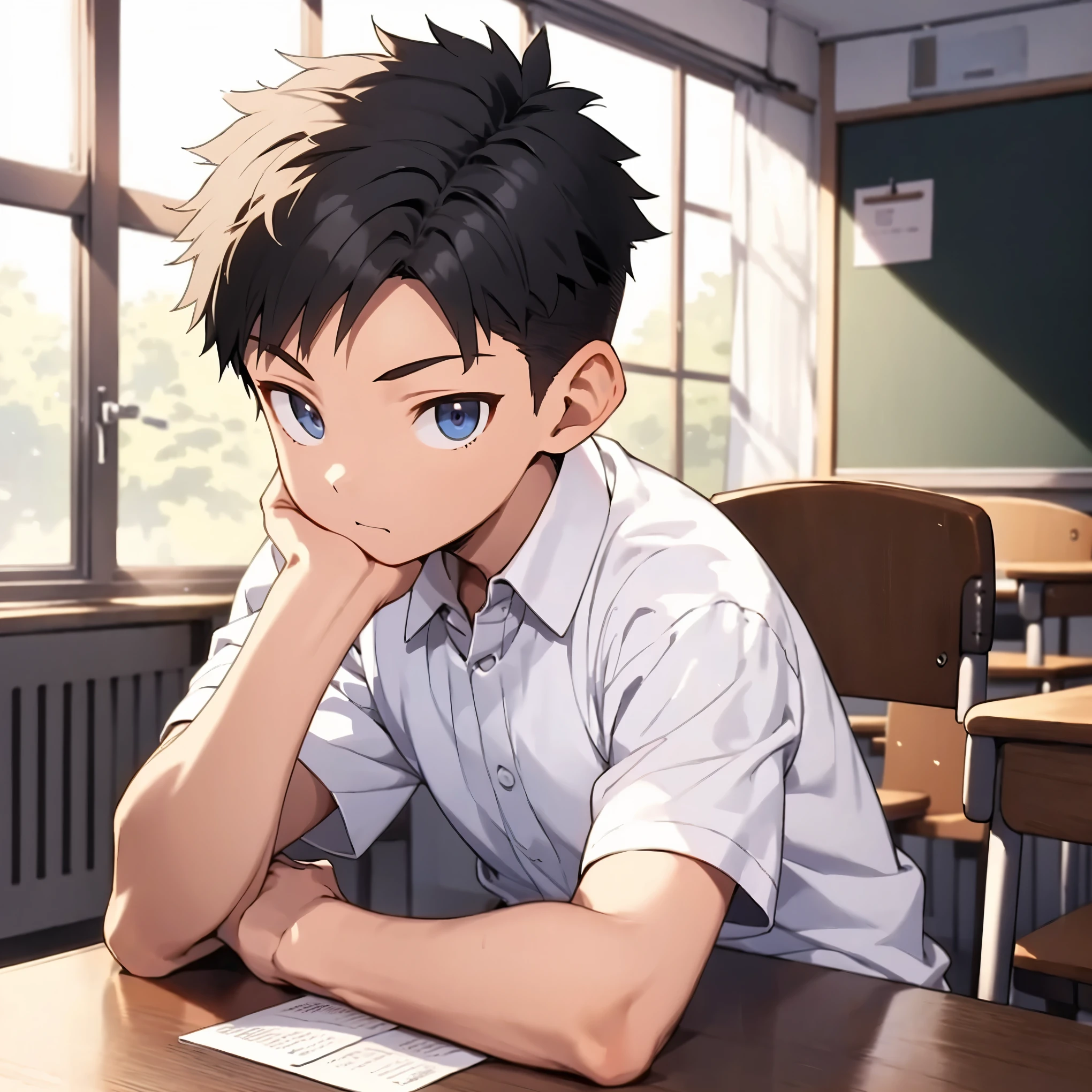 1 boy,white open collared shirt,Short sleeves,black slacks,classroom,window,head rest,(detailed eyes),detailed skin,masterpiece,best quality,Top Quality,High quality,